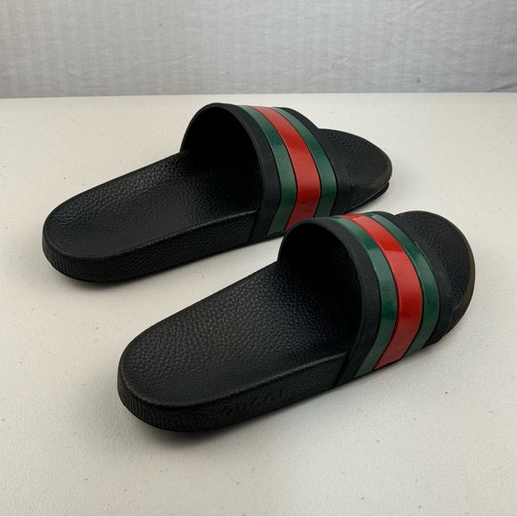Gucci Black Slides Red Green Web Sandals Men’s Size 8 Luxury Classic Preppy - Picture 3 of 14